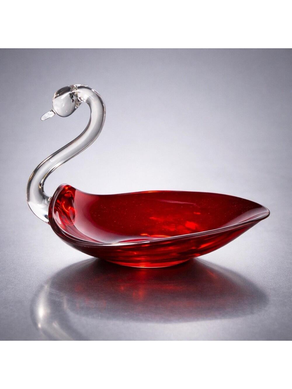 Duncan & Miller 1940s Pall Mall Ruby Red & Clear Swan Bowl Art Glass, 7x4.5x5.5”